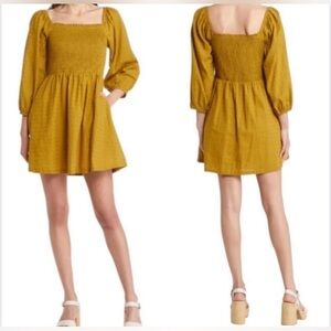 LOST+WANDER Mini Dress, Smocked Bodice, Lined, 100% Cotton, Ecru Olive, Sz Small